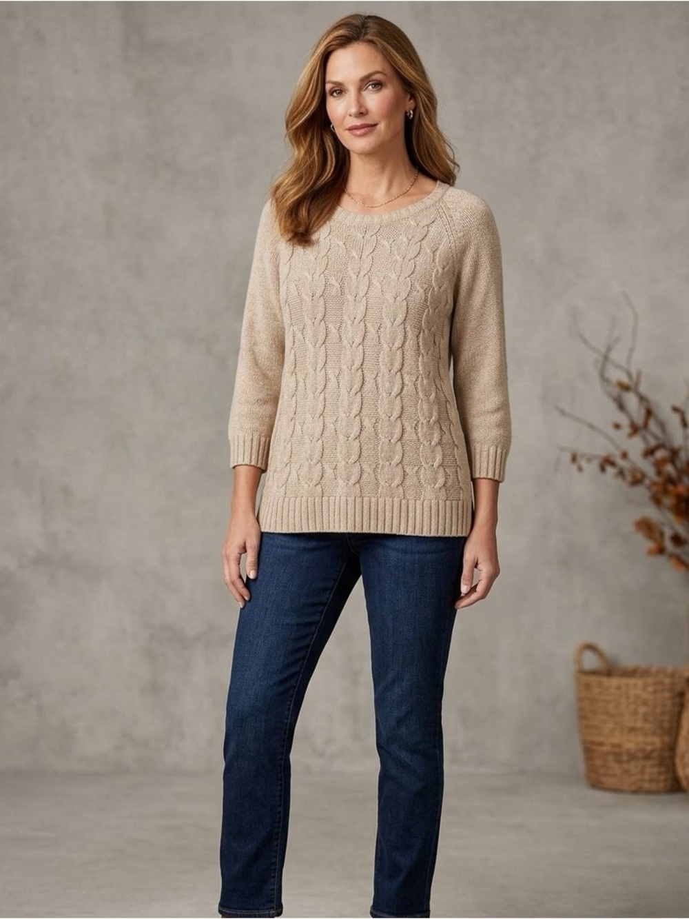 Talbots Beige Cable-Knit Crewneck Sweater
